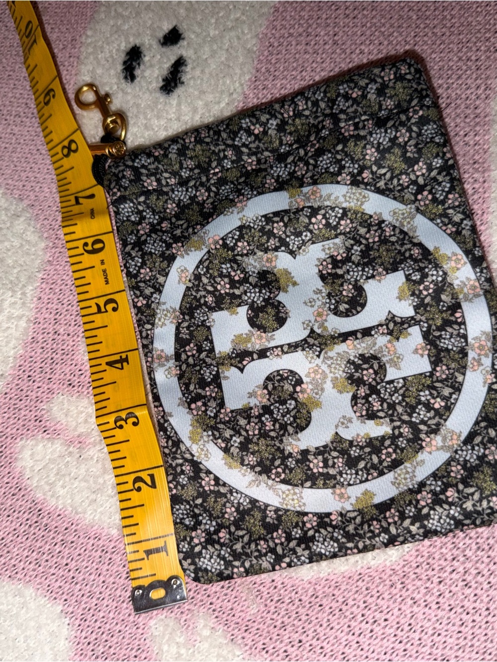 Tory Burch Black Floral Logo Zip Card Pouch with Pink and Cream Accents